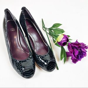 Stuart Weitzman Black Leather Snakeskin Peeptoe Heels 8.5N